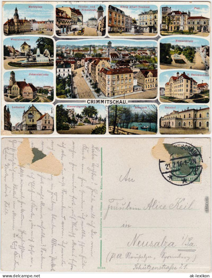 Ansichtskarte Crimmitschau Mehrbild: Bahnhof, Panorama, Schule 1916  - Crimmitschau