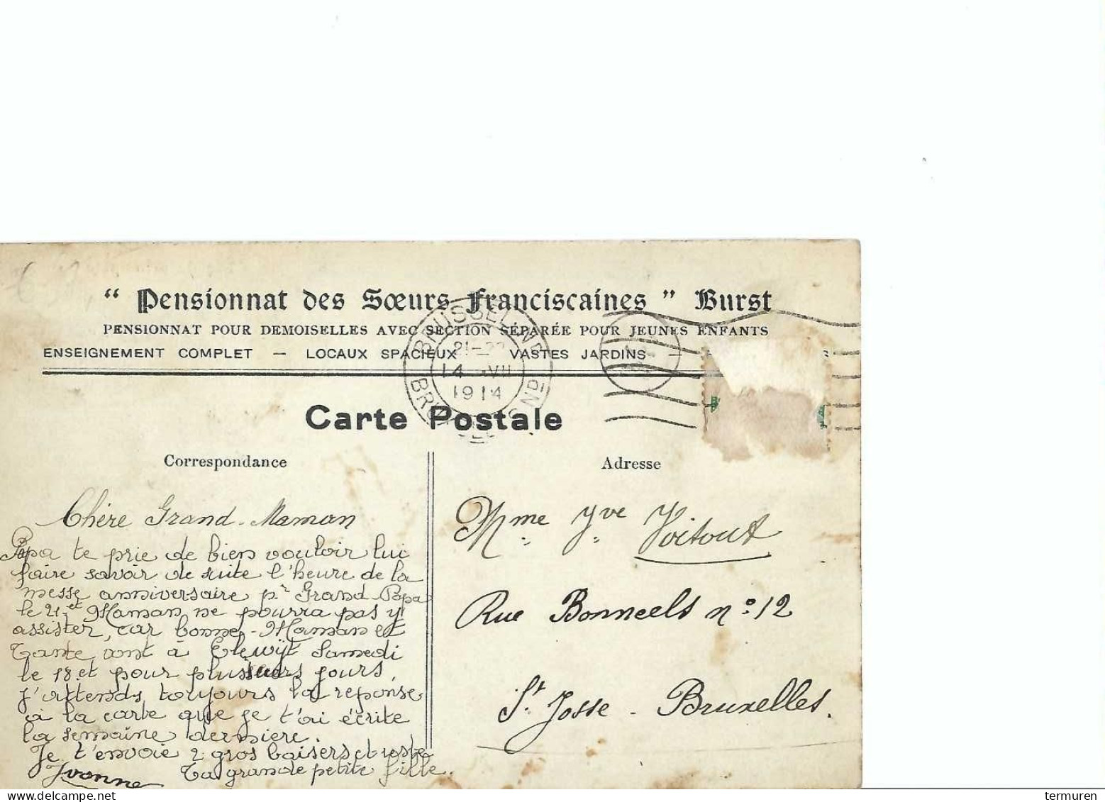 Burst :"Façade Principale  "  Kostschool Des Zusters Franciskanersen  In 1914 - Erpe-Mere