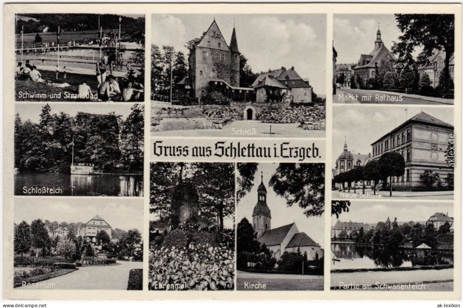 Ansichtskarte Schlettau Mehrbildkarte: Schwimmbad, Kirche, Denkmal 1932  - Schlettau