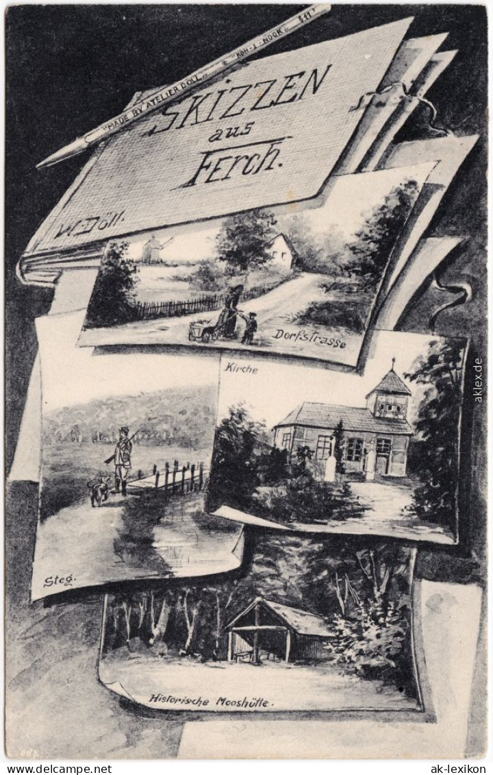 Ferch-Schwielowsee Skizzen: Dorfstraße, Kirche, Steg Und Mosshütte 1915  - Ferch