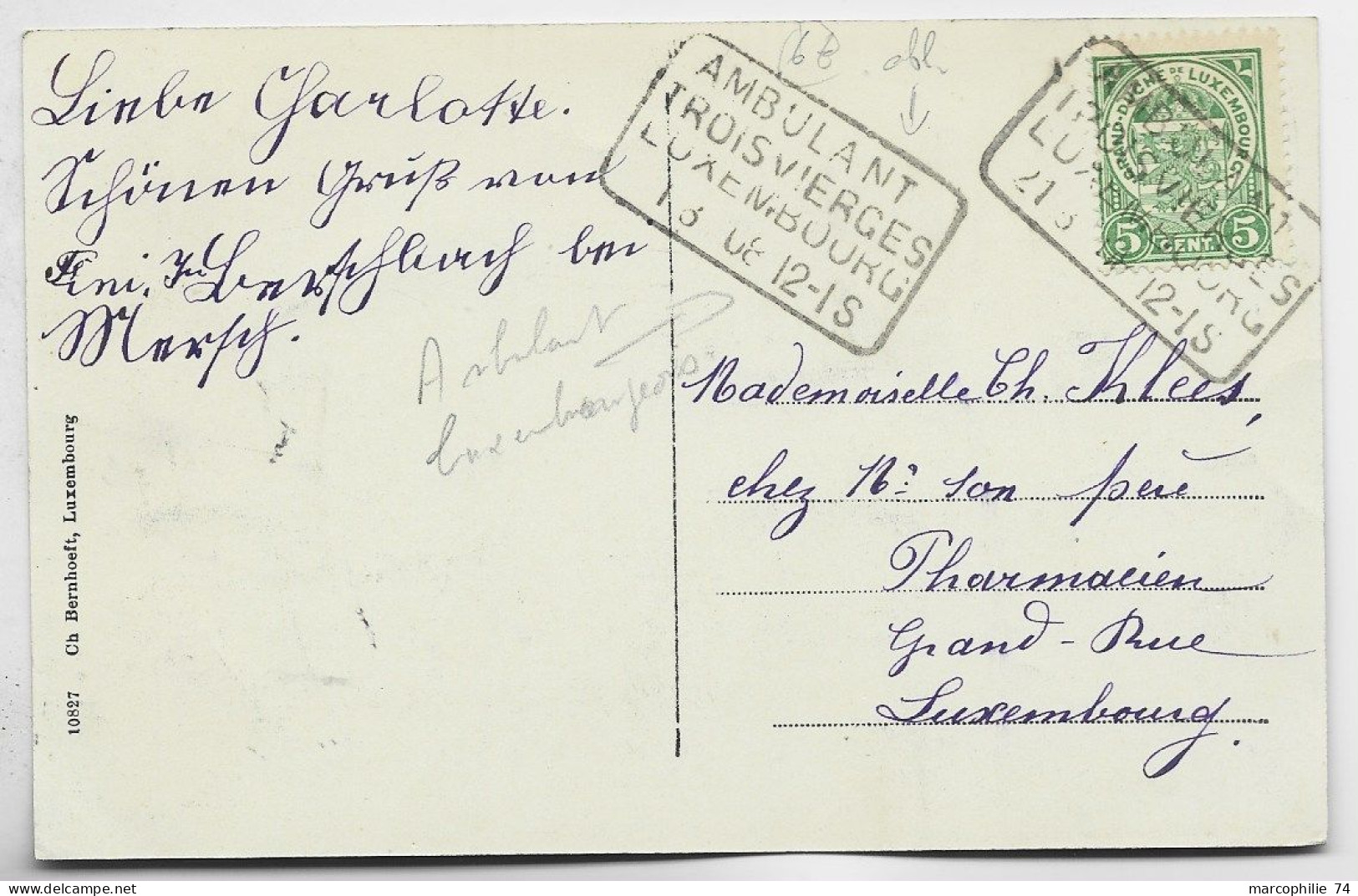 LUXEMBOURG 5C CARTE MERSCH RECTANGLE AMBULANT TROIS VIERGES LUXEMBOURG 1912 POUR LUXEMBOURG - 1907-24 Scudetto