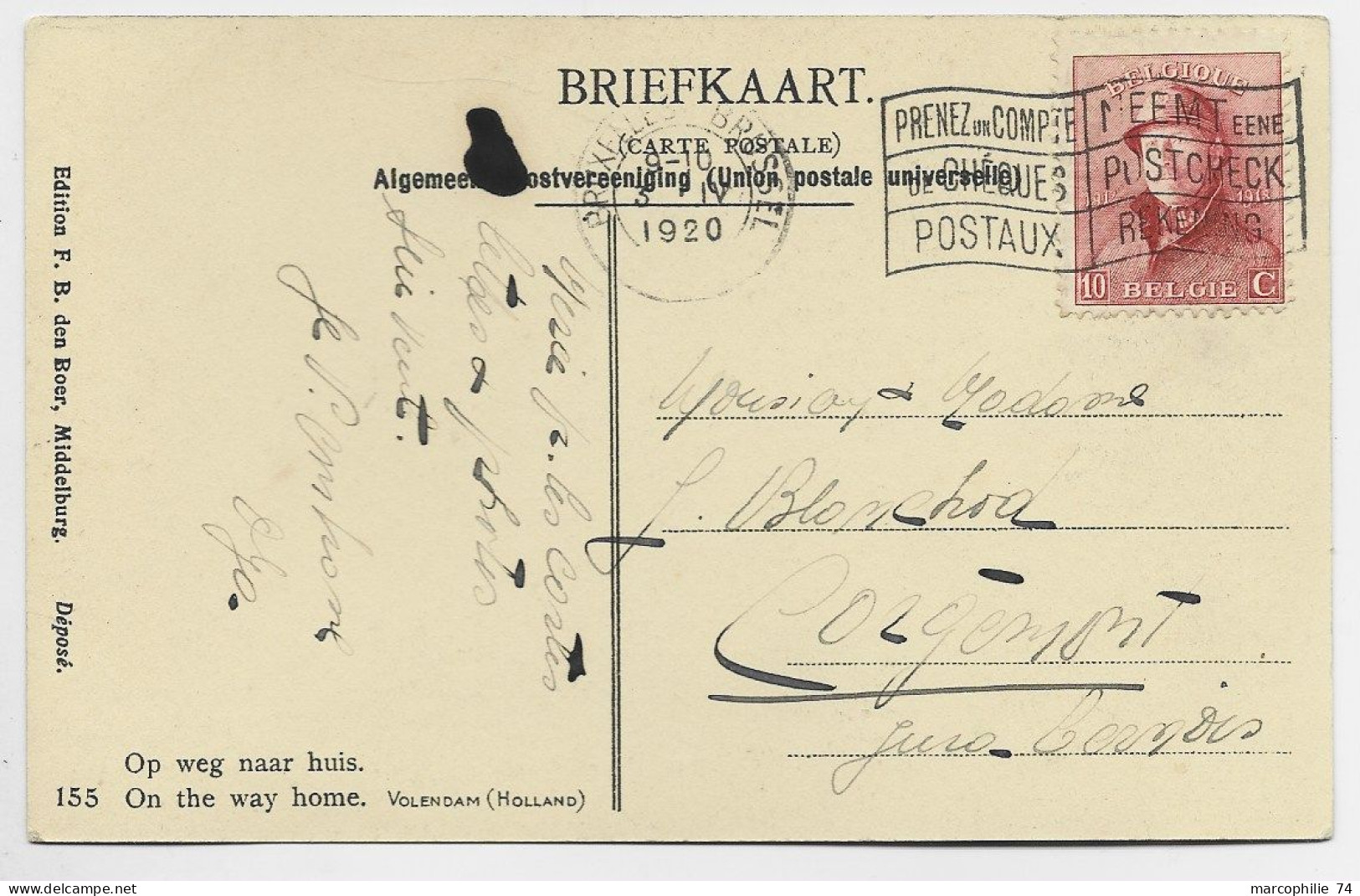 BELGIQUE 10C SEUL CARTE HOLLAND MECANIQUE CHEQUES POSTAUX BRUSSEL 1920 POUR SUISSE - 1919-1920  Cascos De Trinchera