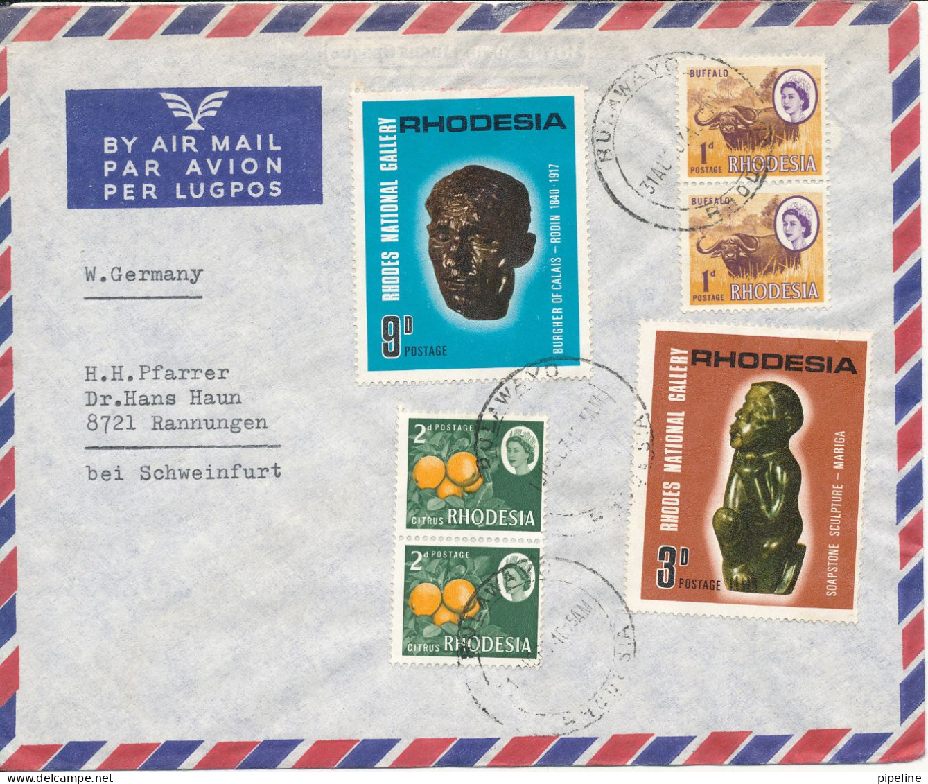 Rhodesia Air Mail Cover Sent To Germany 31-8-1967 Topic Stamps - Rhodesia (1964-1980)