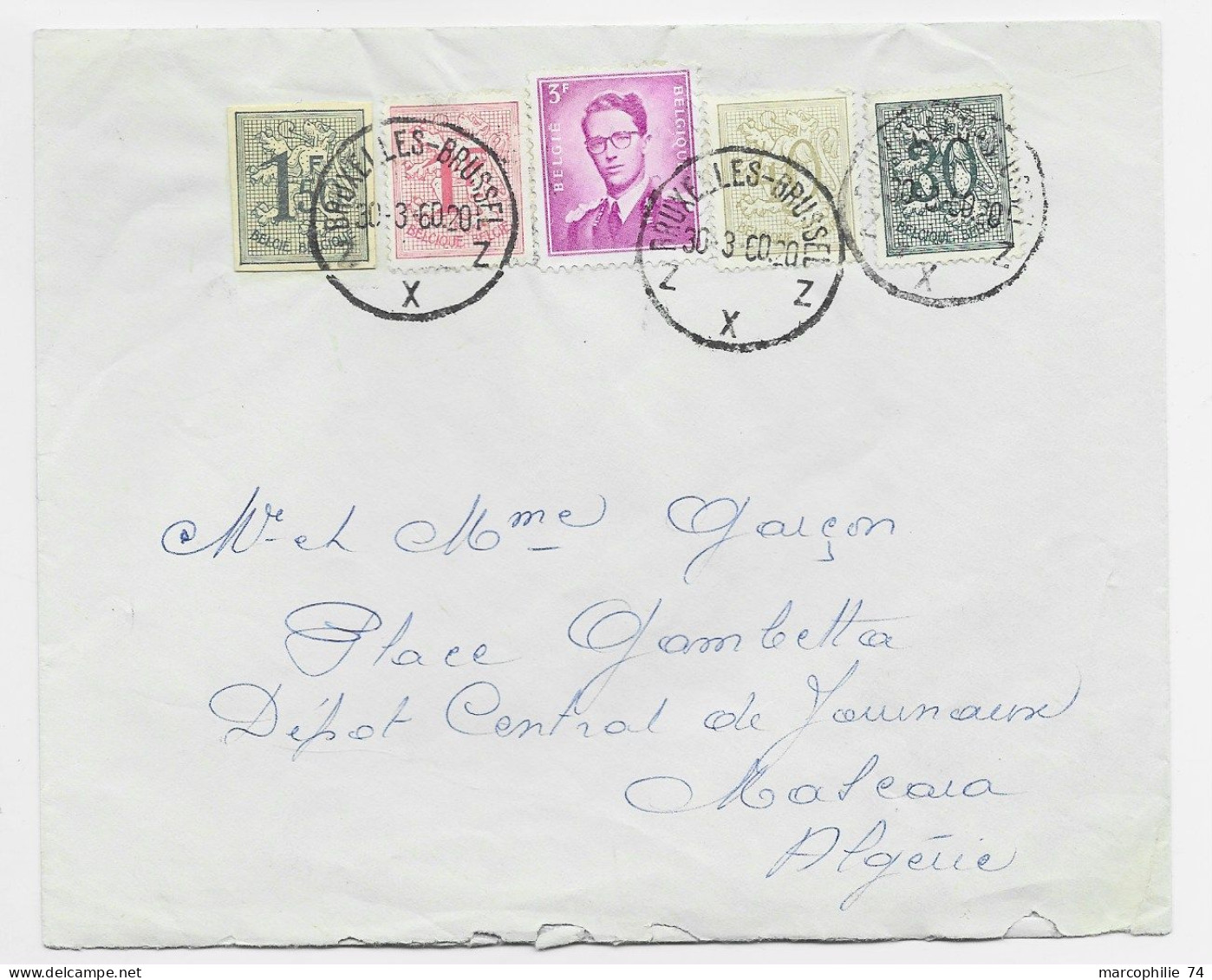 BELGIQUE  3FR + LION 30C+40C+1FR+1FR50 LETTRE COVER BRUXELLES 30.3.1960 POUR ALGERIE - 1953-1972 Anteojos