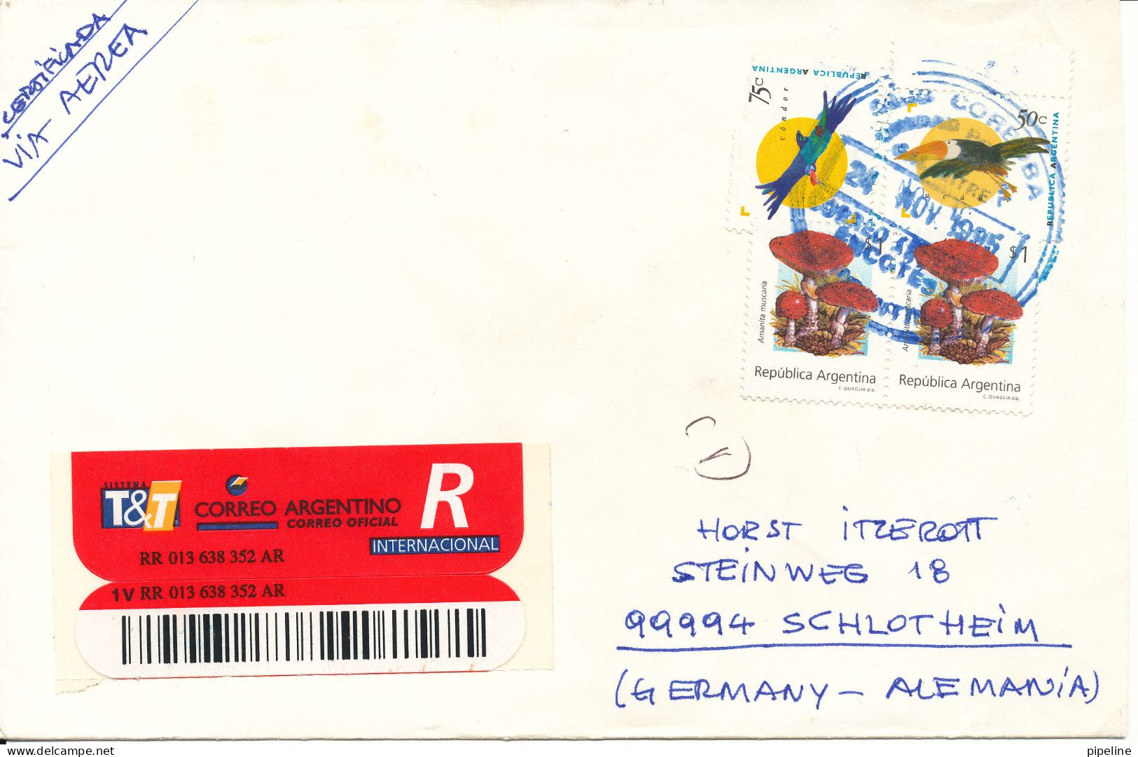 Argentina Registered Cover Sent Air Mail To Germany 24-11-1995 Topic Stamps Birds And Mushrooms - Covers & Documents