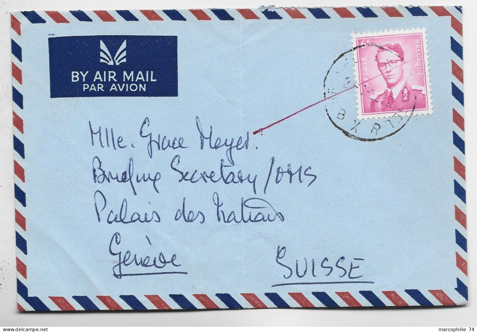 BELGIQUE  6FR SEUL LETTRE COVER AVION ?? TO PALAIS DES NATIONS UNIES GENEVE SUISSE - 1953-1972 Lunettes