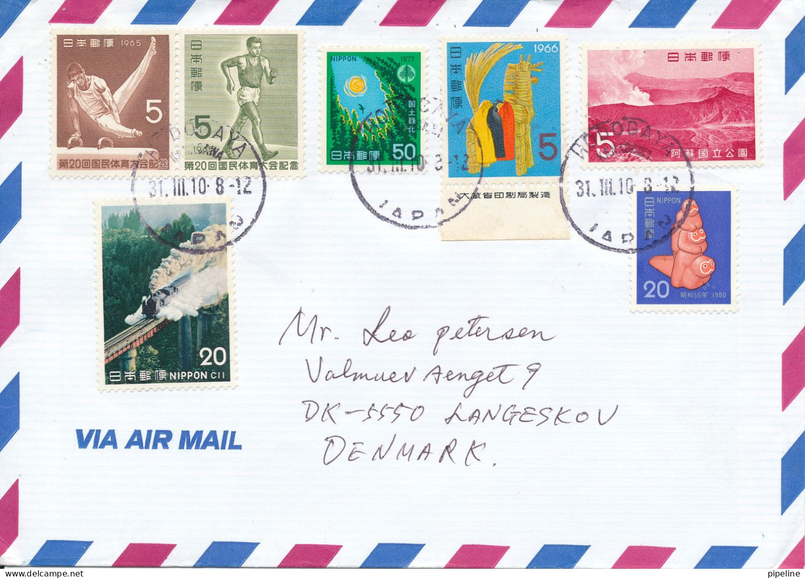 Japan Air Mail Cover Sent To Denmark Hodogaya 31-3-2010 With More Topic Stamps - Corréo Aéreo