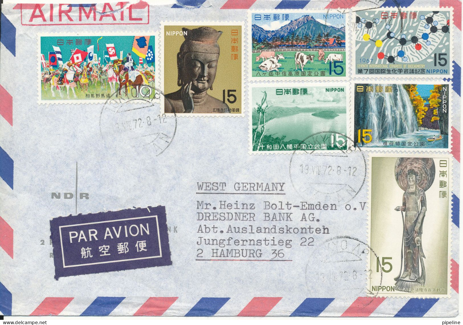 Japan Air Mail Cover Sent Express To Germany 13-8-1972 With  A Lot Of Stamps - Airmail