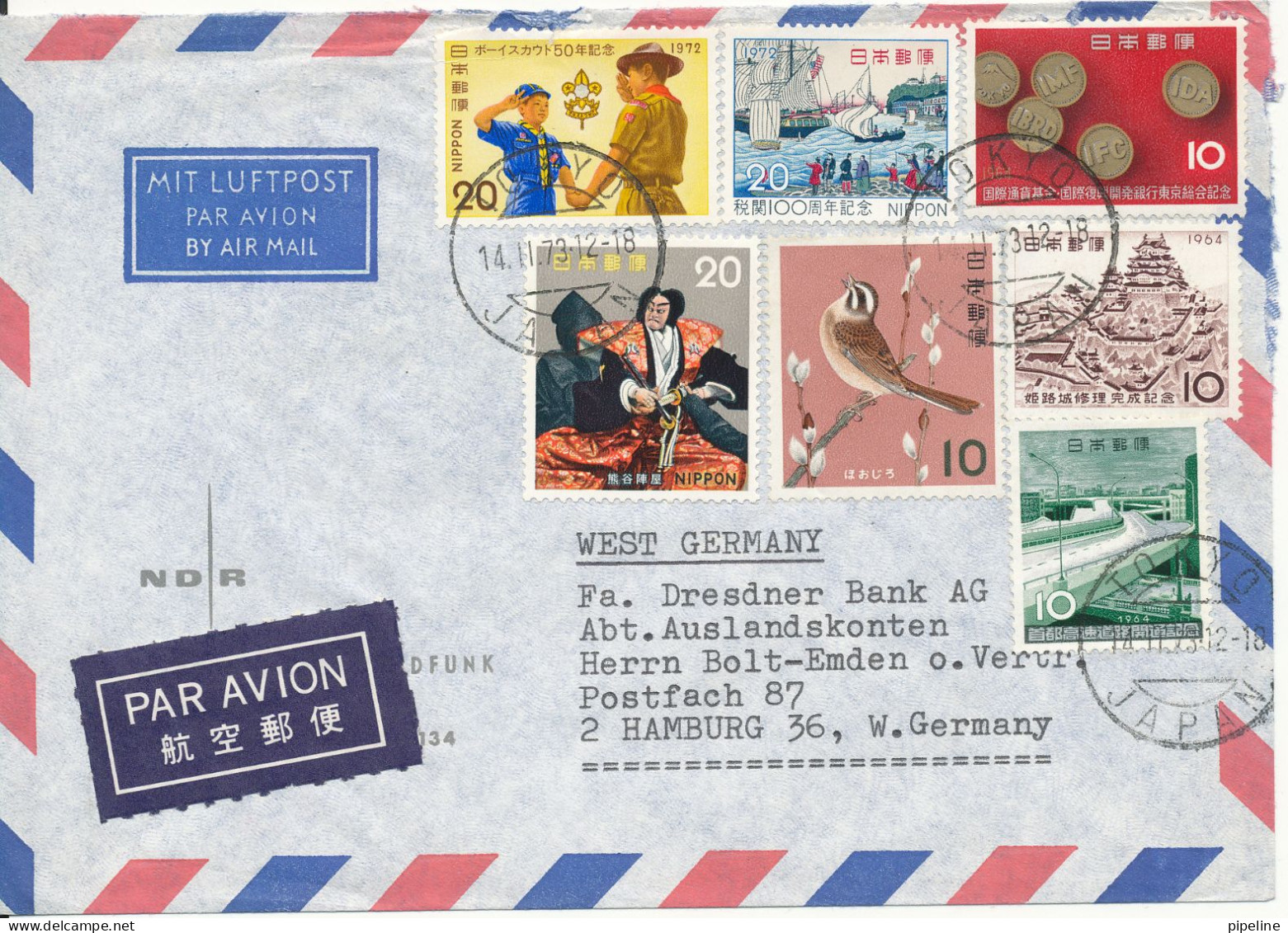 Japan Air Mail Cover Sent To Germany 14-11-1973 With  A Lot Of Stamps - Corréo Aéreo