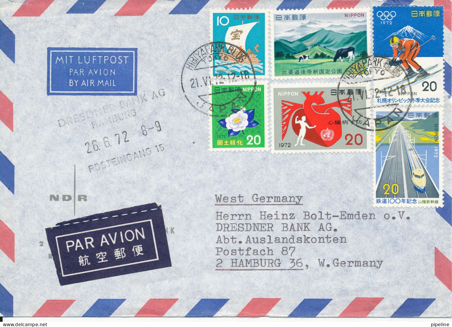 Japan Air Mail Cover Sent To Germany 21-6-1972 With A Lot Of Stamps - Corréo Aéreo