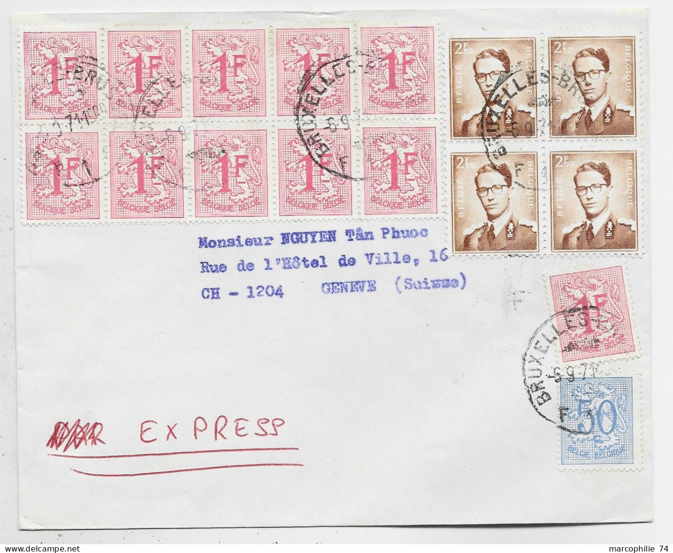 BELGIQUE  2FR BLOC DE 4+ LION 1FR BLOC DE 10+1+50C LETTRE COVER EXPRES BRUXELLES 1971 TO SUISSE - 1953-1972 Brillen