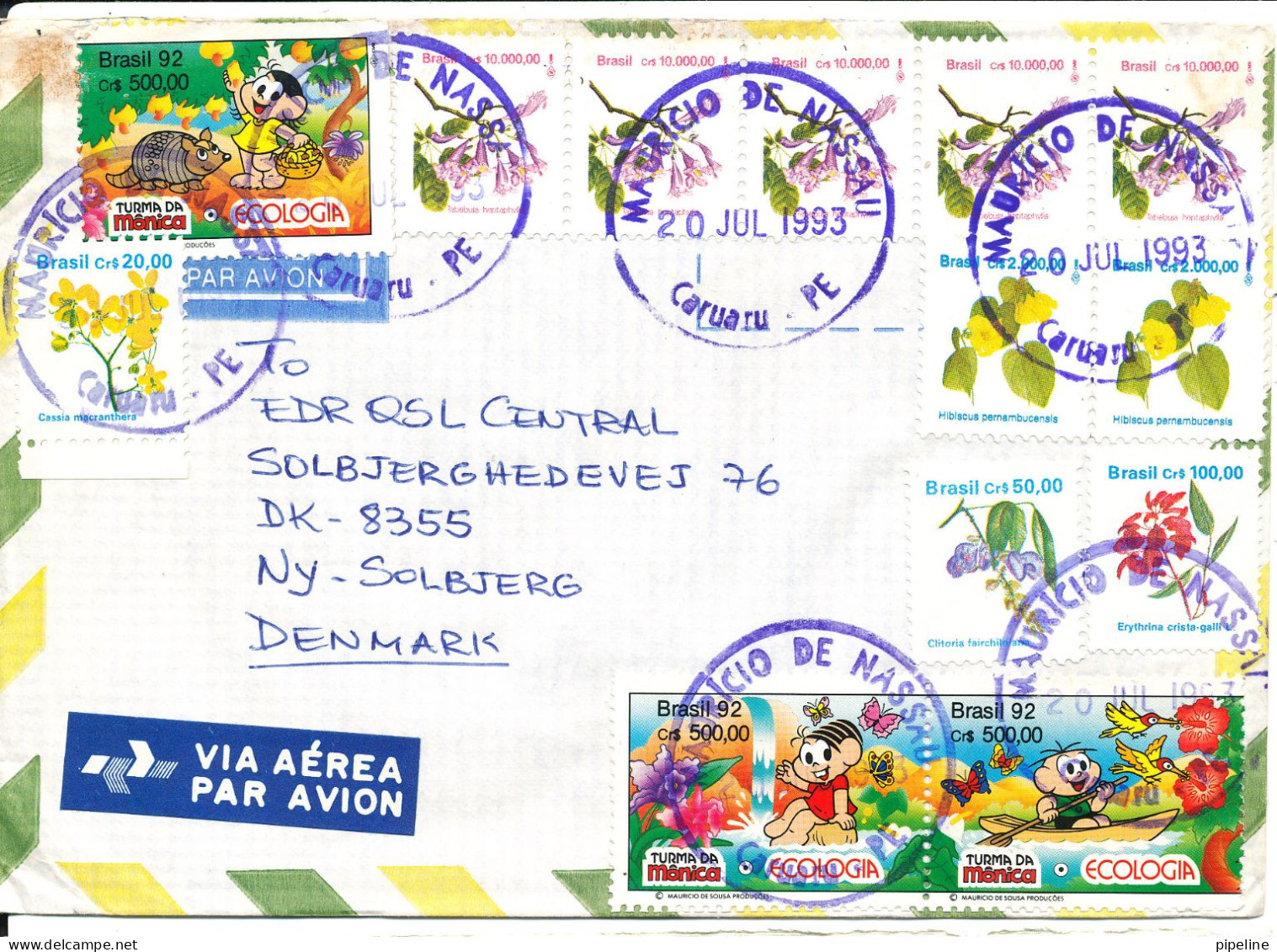 Brazil Air Mail Cover Sent To Denmark 20-7-1993 With A Lot Of Topic Stamps - Luftpost