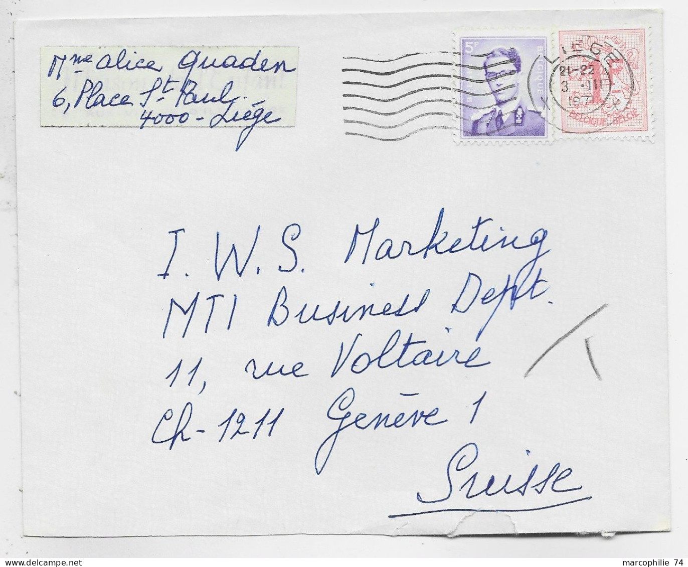 BELGIQUE  5FR+ LION 1FR LETTRE COVER MEC LIEGE 3.III.1971  TO SUISSE - 1953-1972 Occhiali