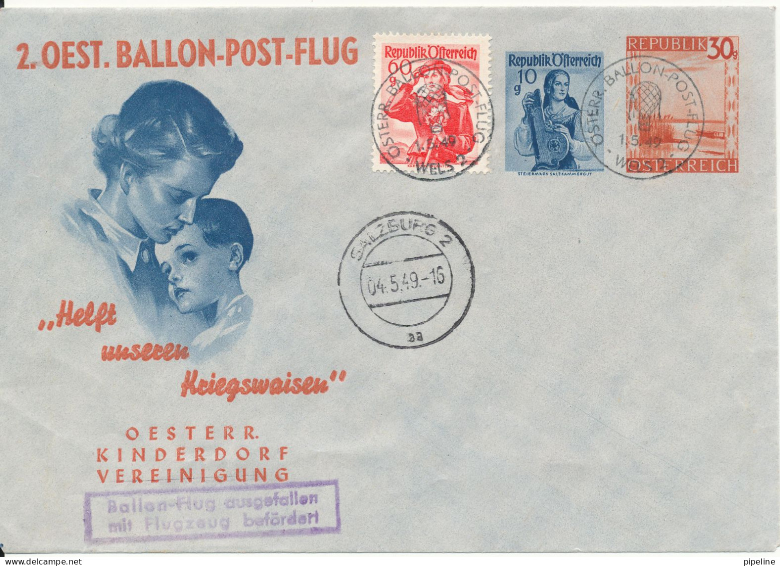 Austria Uprated Postal Stationery Ballon Cover Salzburg 1-5-1949 And Welz 4-5-1949 Österreiche Kinderdorf Vereinigung - Par Ballon