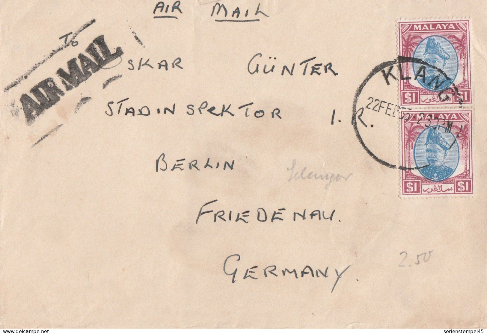 Malaya Luftpostbrief Von Klang Nach Berlin Mit Zwei Marken 1 $ 1953 - Federated Malay States