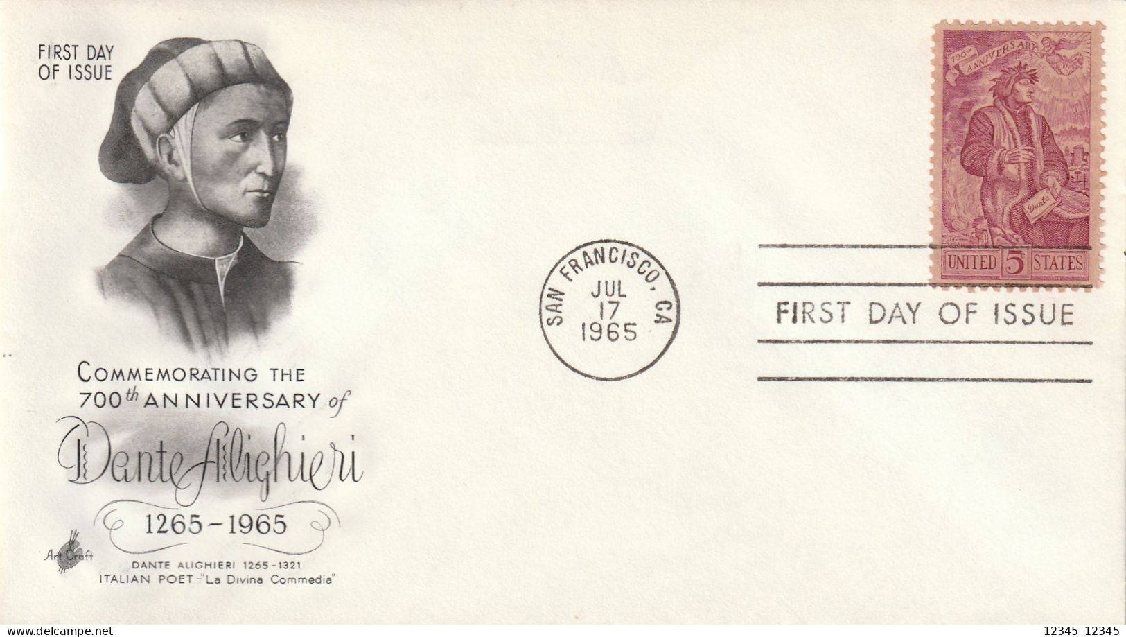 USA 1965, FDC Unused, Dante Alighieri, Italian Poet - 1961-1970