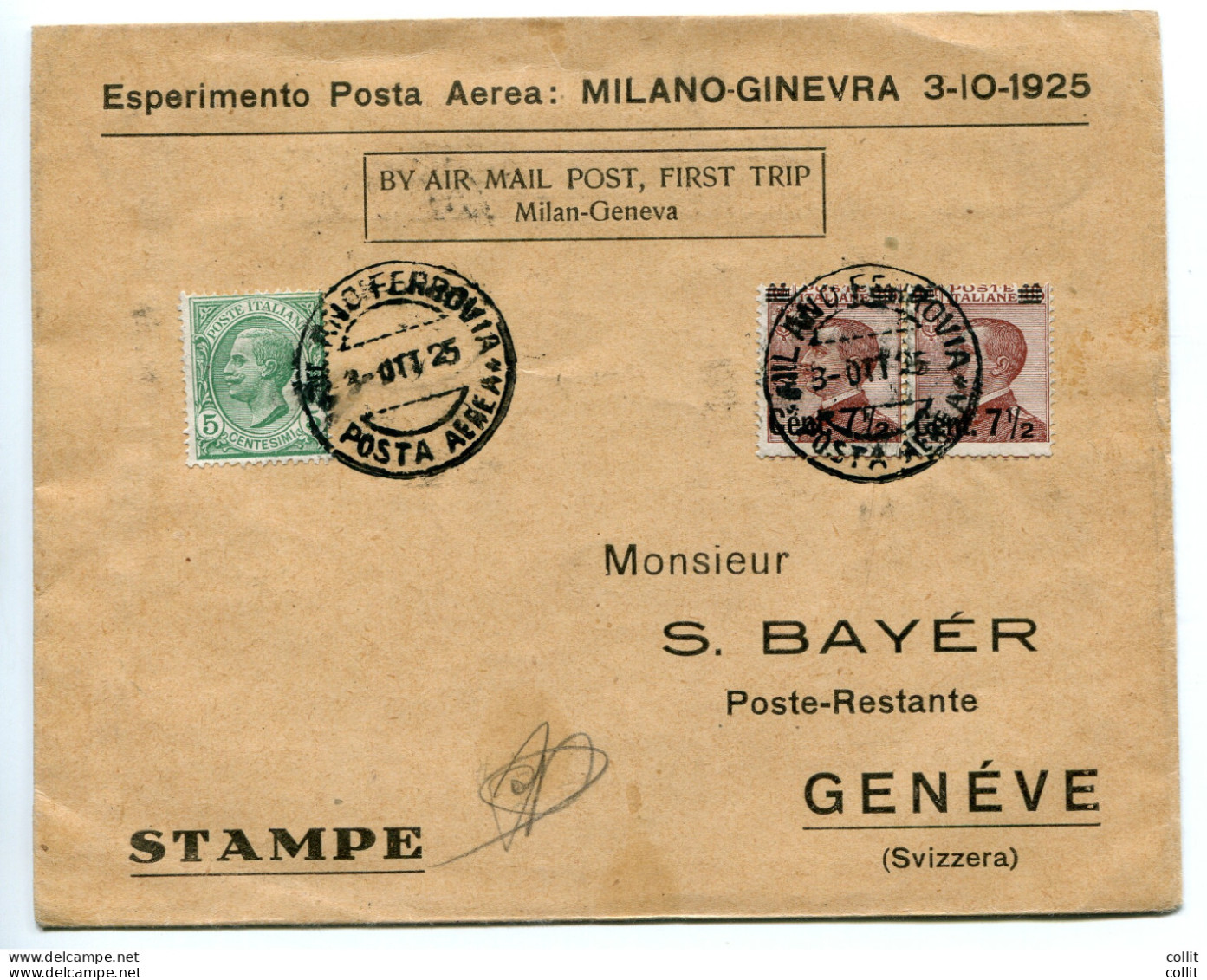 Milano/Ginevra Del 3.10.25 - Aerogramma Del Primo Volo - Storia Postale (Posta Aerea)