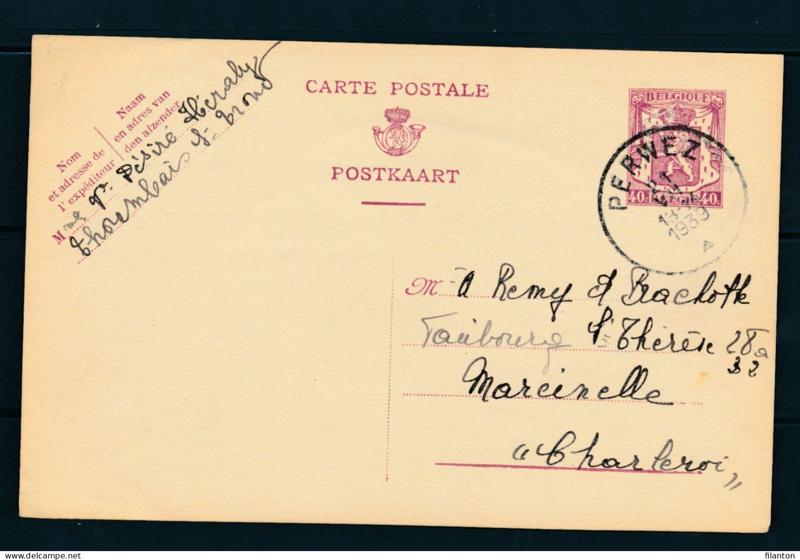 PWS - Cachet "PERWEZ" Dd. 21-07-1939 - (ref.1717) - Briefkaarten 1934-1951