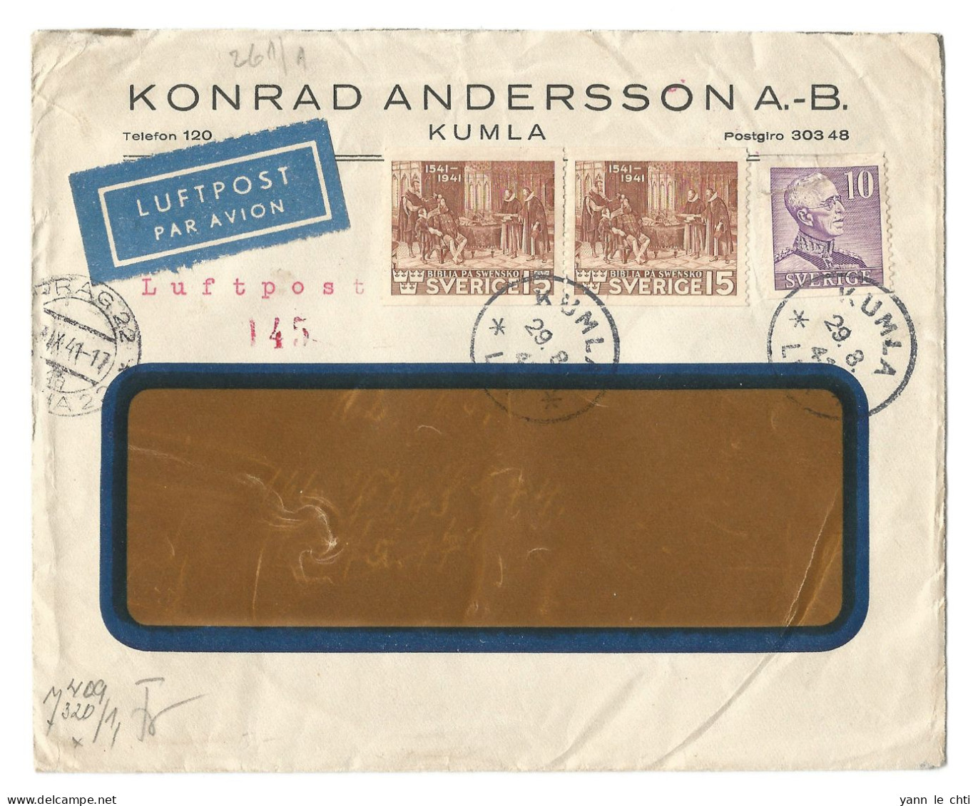 Brief Sverige 1941 Stempel Rot Luftpost 145 Andersson Kumla Nach Praha Prague Geoffnet Censure Oberkommando - Covers & Documents