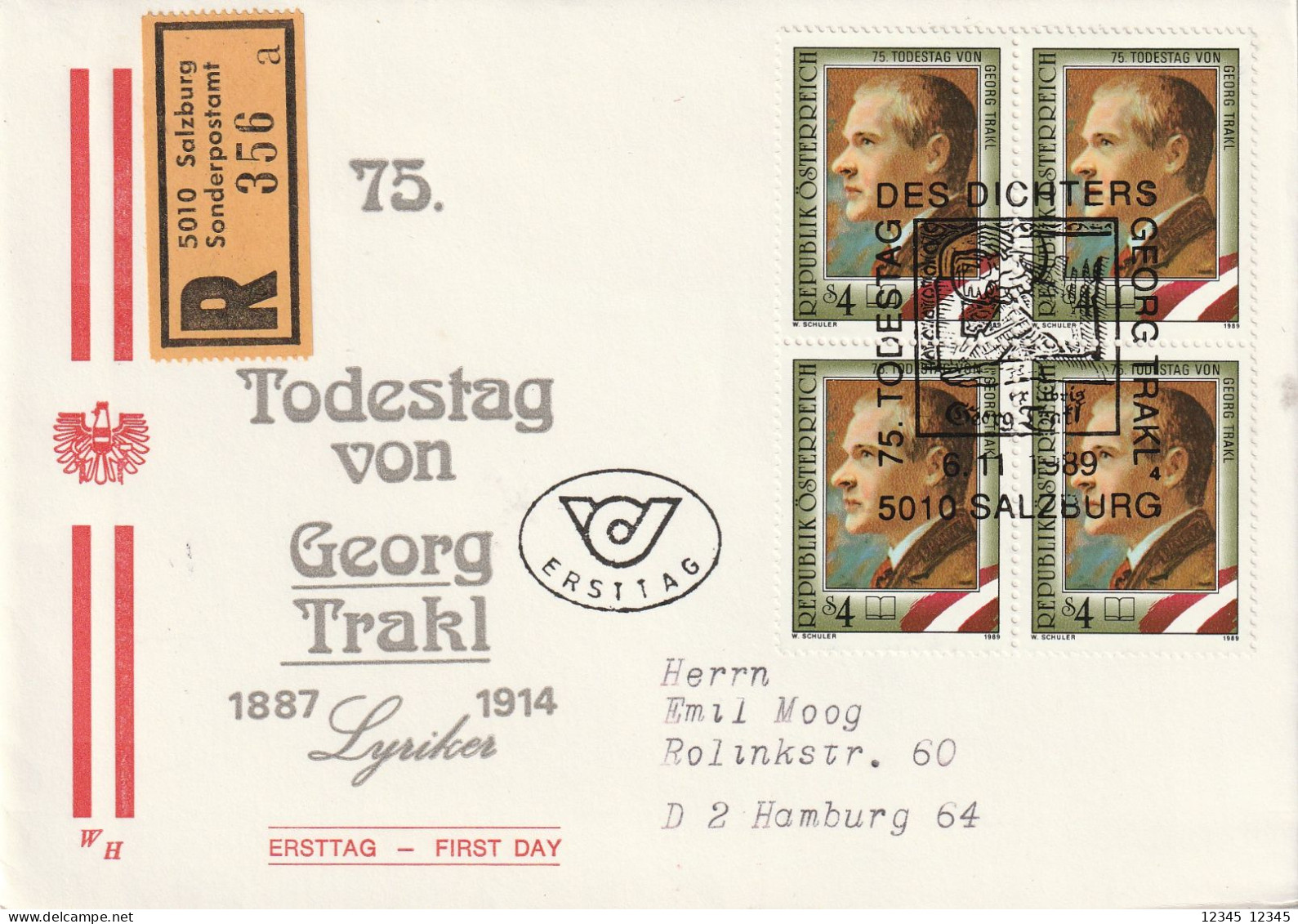 Oostenrijk 1989, Registered FDC Sent To Hamburg, Germany, Georg Trakl, Poet - FDC