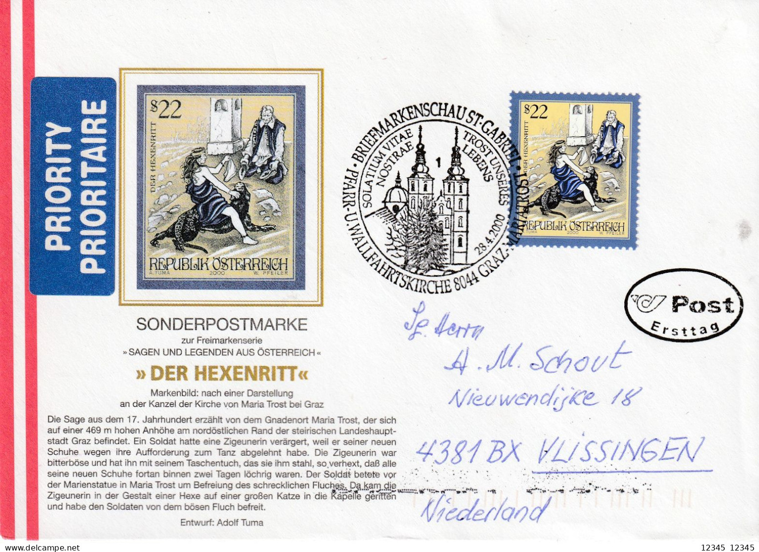 Oostenrijk 2000, FDC Sent To Vlissingen, Netherland, The Witches' Ride From Mariatrost - FDC