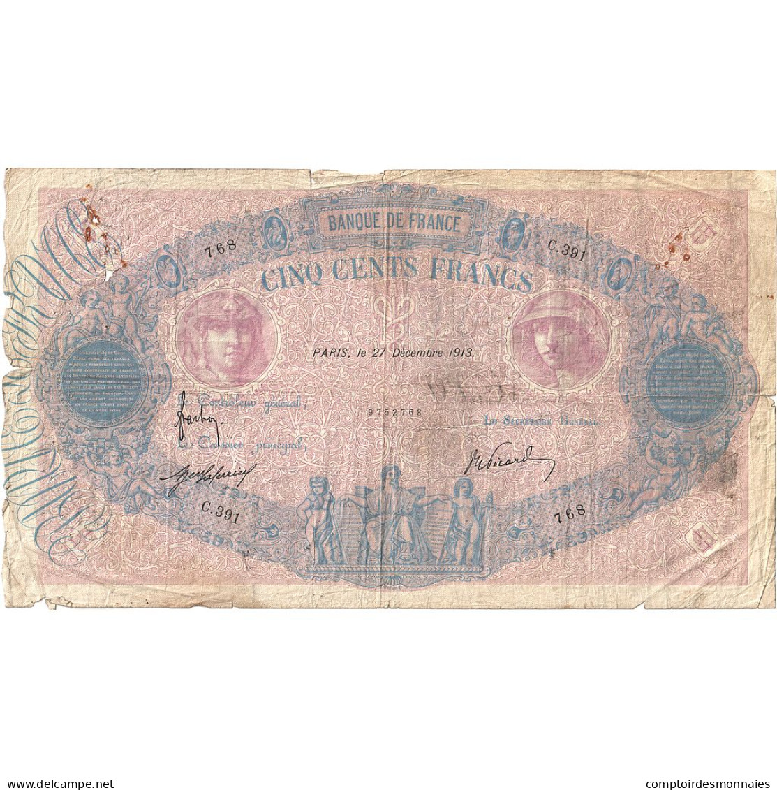 France, 500 Francs, Bleu Et Rose, 1913, C.391, B, Fayette:30.21, KM:66g - 500 F 1888-1940 ''Bleu Et Rose''