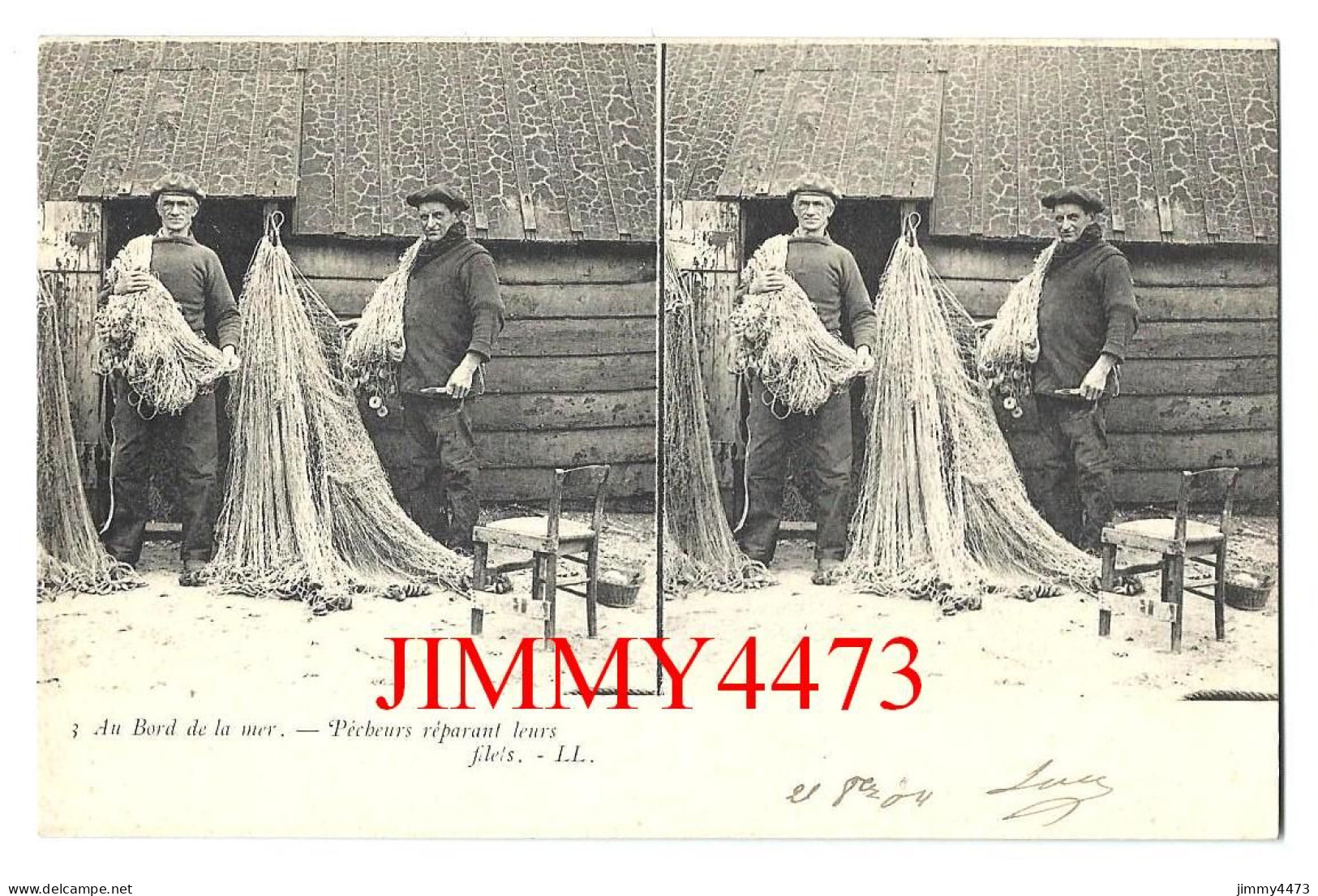 CPA En Stéréo En 1904 - Au Bord De La Mer - Pêcheurs Réparant Leurs Filets - L L - N° 3 - Cartoline Stereoscopiche