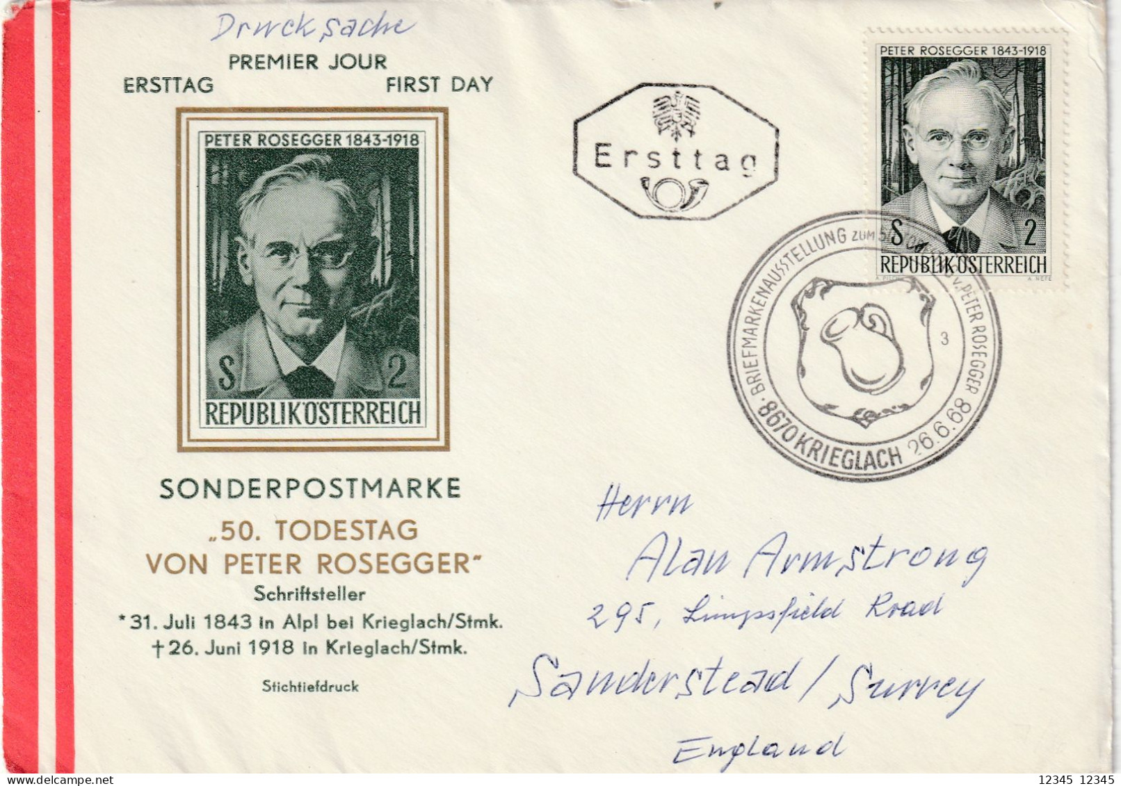 Oostenrijk 1968, FDC Sent To England, Peter Rosegger, Writer And Poet - FDC