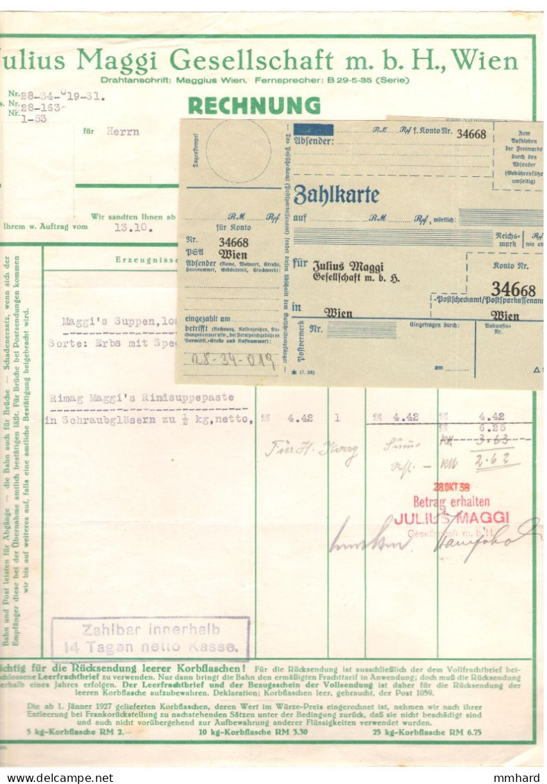 Rechnung Julius Maggi Wien 1938 Mit Zahlkarte Österreich Austria - Österreich