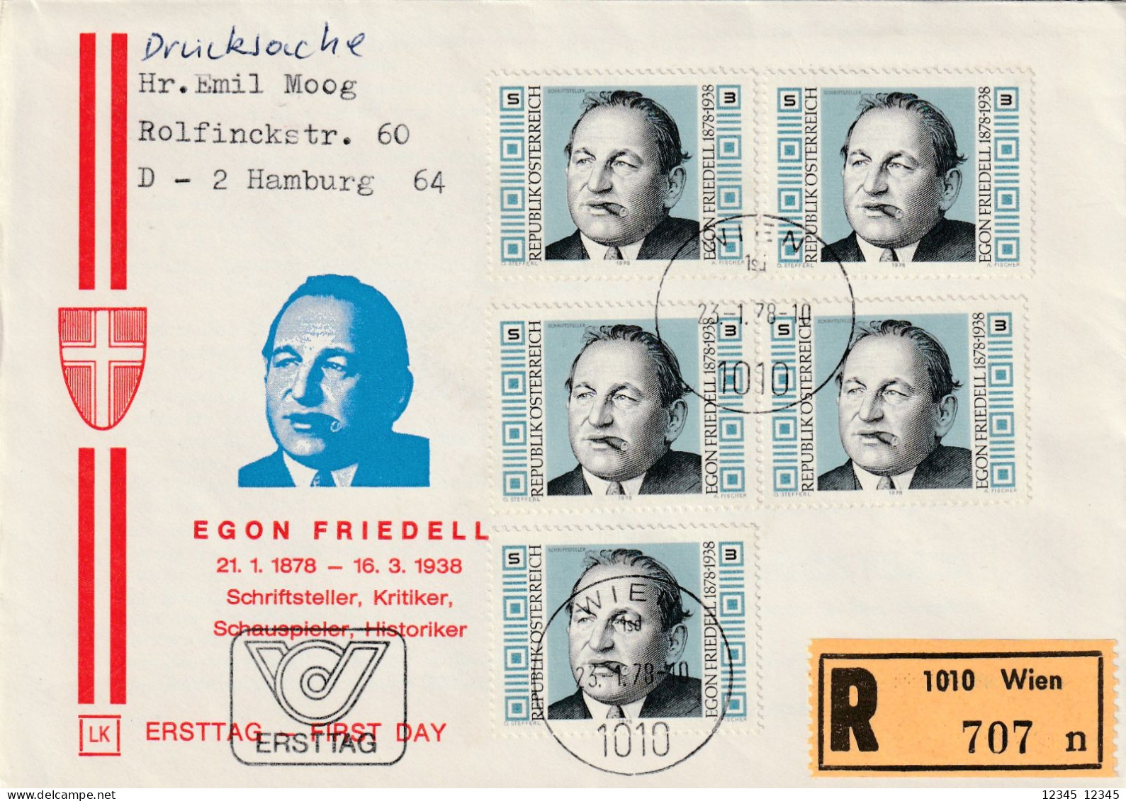 1978, Registered FDC Sent To Hamburg, Germany, Egon Friedell, Playwright, Actor, Kabarett Performer, Journalist, Theatre - FDC