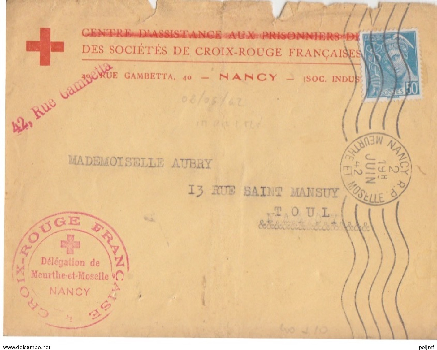 Lettre à Entête "Croix Rouge" Obl. Nancy RP Le 2 Juin 42 Sur 50c Mercure N° 538 (tarif Imprimé Du 5/1/42) - 1938-42 Mercurio