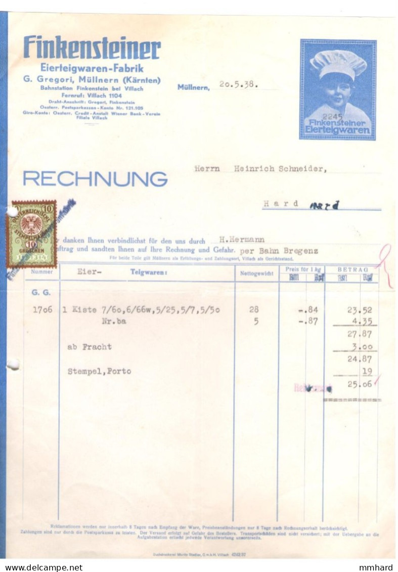Rechnung 1938 Finkensteiner Eierteigwaren Fabrik Finkenstein Bei Villach Kärnten Stempelmarke 10 Groschen - Autriche