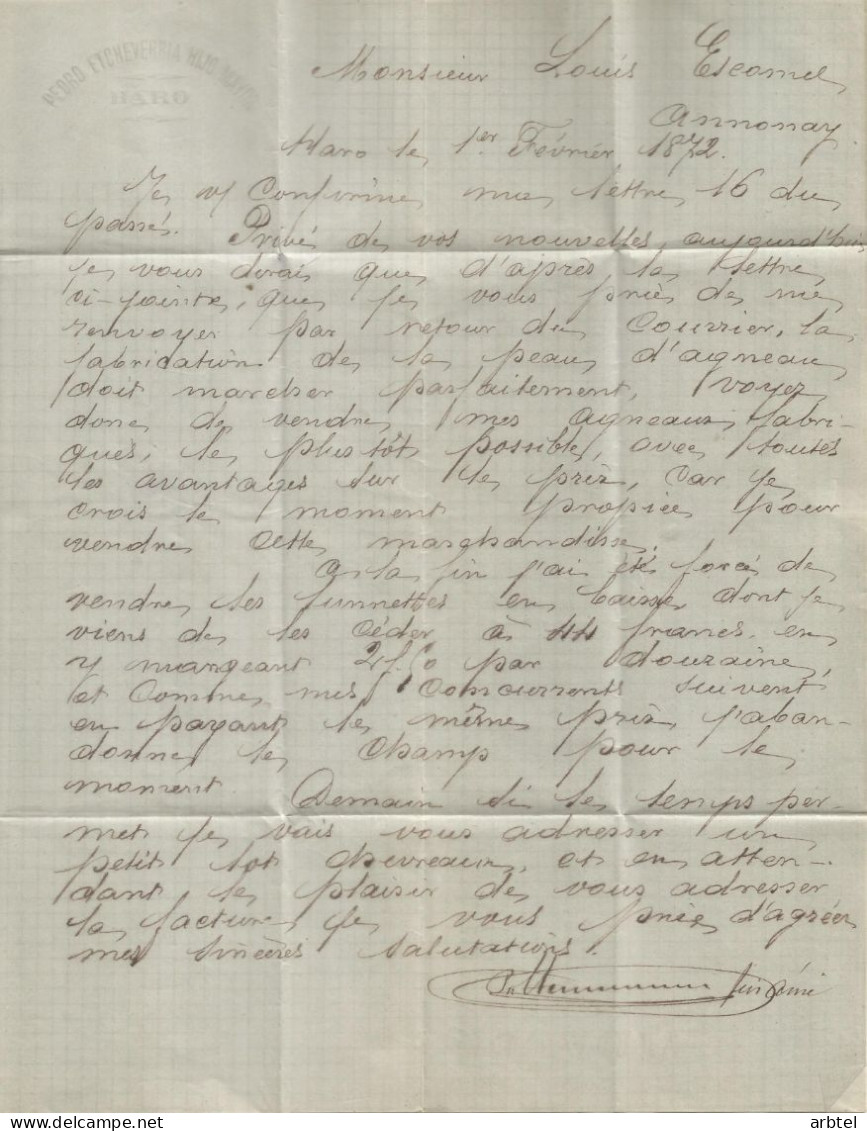 ESPAÑA HARO LA RIOJA A ANNONAY 1872 SOBRESCRITO MAT AMBULANTE BORDEAUX A CETTE - Covers & Documents