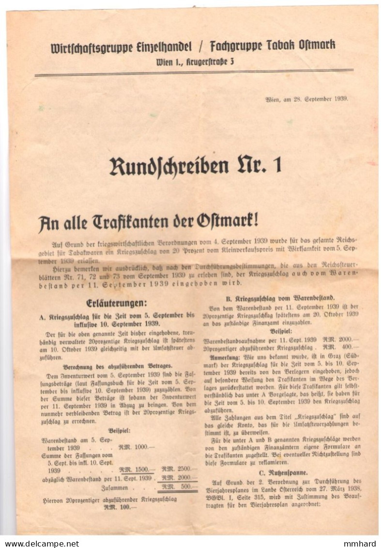 Rundschreiben 1939 An Alle Trafikanten Der Ostmark A4 Beidseitig Bedruckt - Decrees & Laws