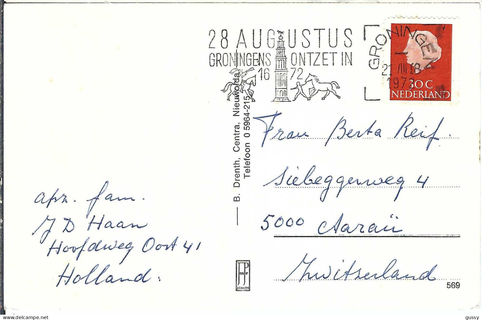 PAYS BAS Ca.1972: CP Ill. De Groningen à Aarau (Suisse) - Briefe U. Dokumente