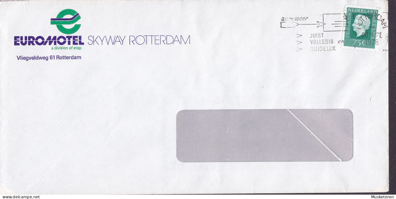 Netherlands EUROMOTEL SKYWAY ROTTERDAM Slogan Flamme ROTTERDAM 1978 Cover Brief Juliana Stamp - Covers & Documents