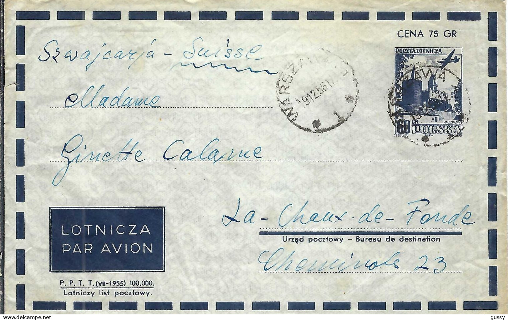 POLOGNE Ca.1956: LSC P.A. Entier De 60Gr. De Varsovie Pour La Chaux De Fonds (Suisse) - Lettres & Documents