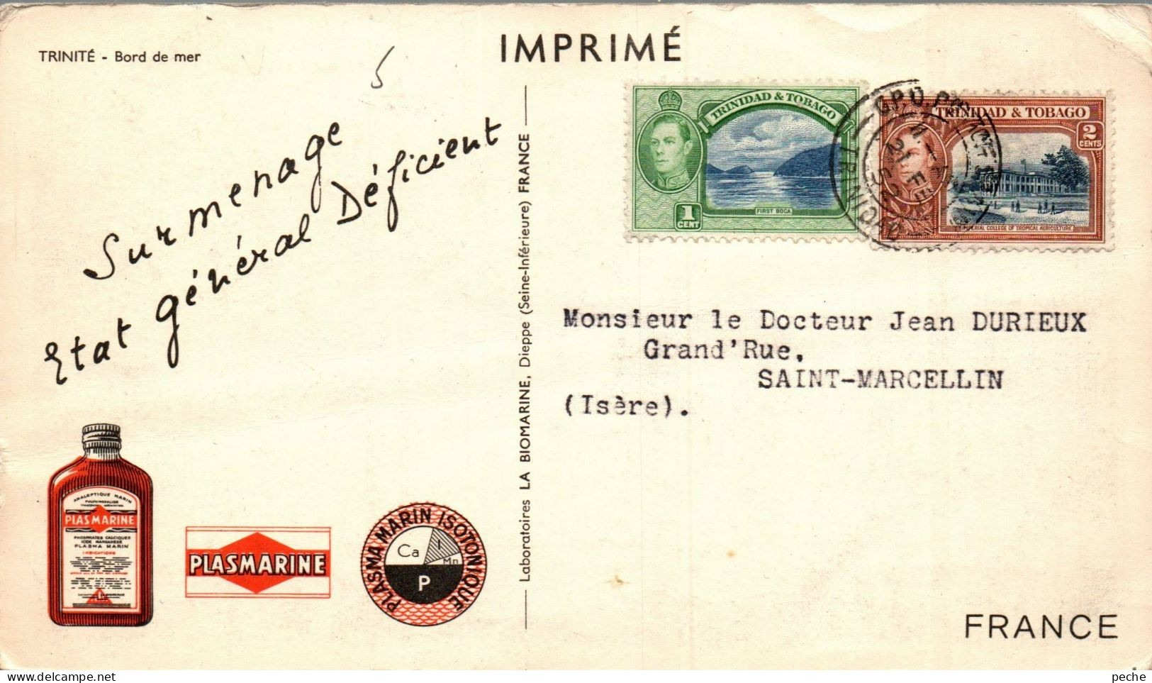 N°41562 Z -timbres Trinidad Et Tobago Sur Carte Imprimé 1952 - Trinidad En Tobago (1962-...)