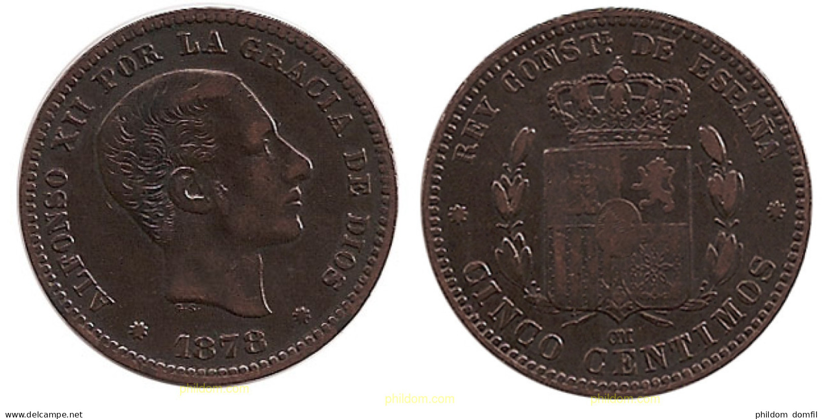 757 ESPAÑA 1878 5 Centimos Alfonso XII 1878 Barcelona OM - Sammlungen