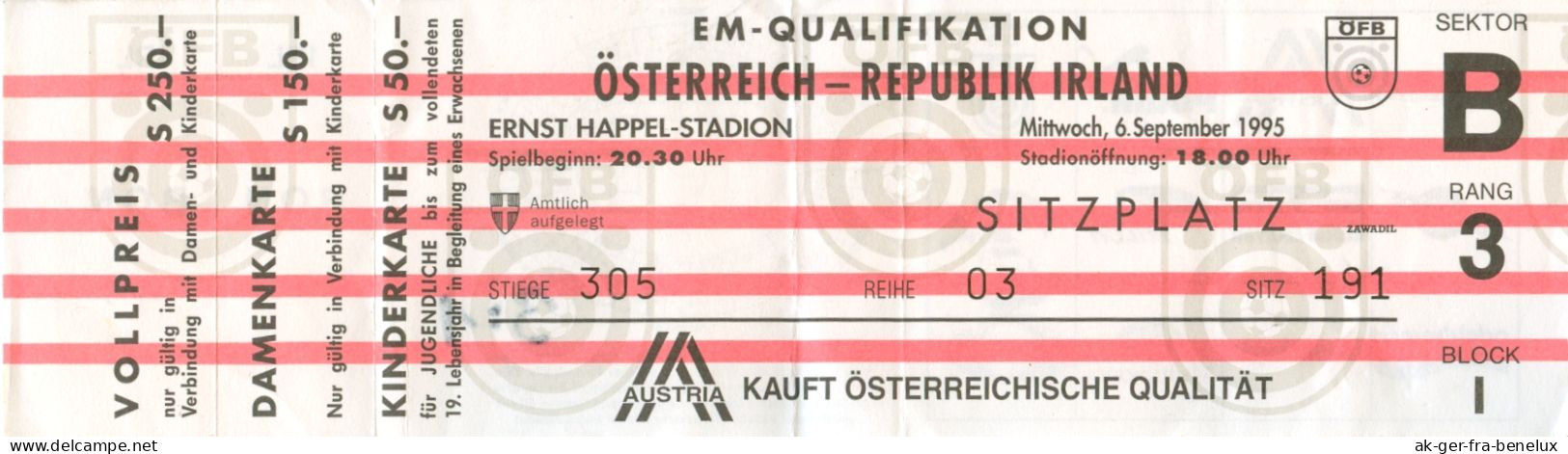 Fußball Eintrittskarte Ticket Österreich Vs Irland 6. 9. 1995 ÖFB FAI Ireland Eire Irlanda Wien Vienna Austria Football - Biglietti D'ingresso