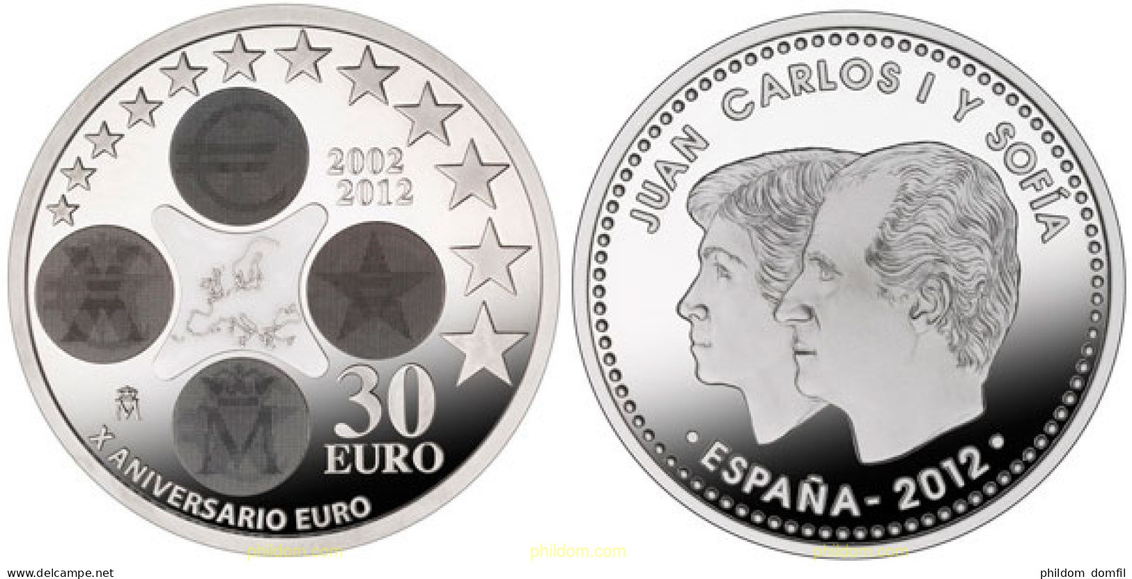 1296 ESPAÑA 2012 30 EUROS 2012, X ANIVERSARIO DEL EURO.PLATA, ESPAÑA - 10 Céntimos