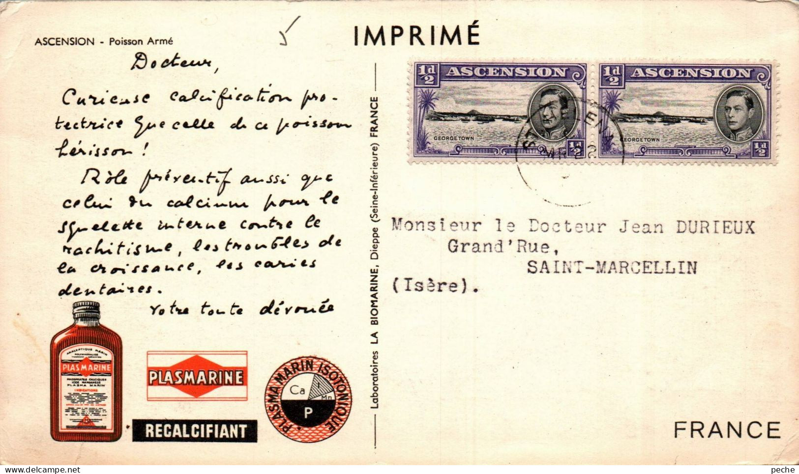 N°41564 Z -timbres île De L'Ascension Sur Carte Imprimé- Publicité Plasmarine- 1952- - Ascension