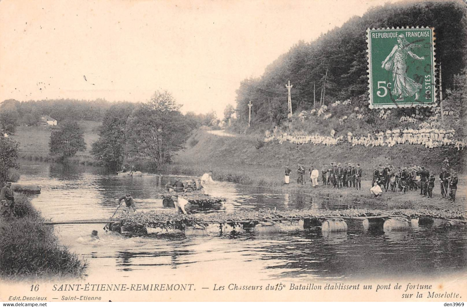 SAINT-ETIENNE-REMIREMONT (Vosges) - Les Chasseurs Du 15e Bataillon établissent Un Pont De Fortune, Voyagé 1914 (2 Scans) - Saint Etienne De Remiremont