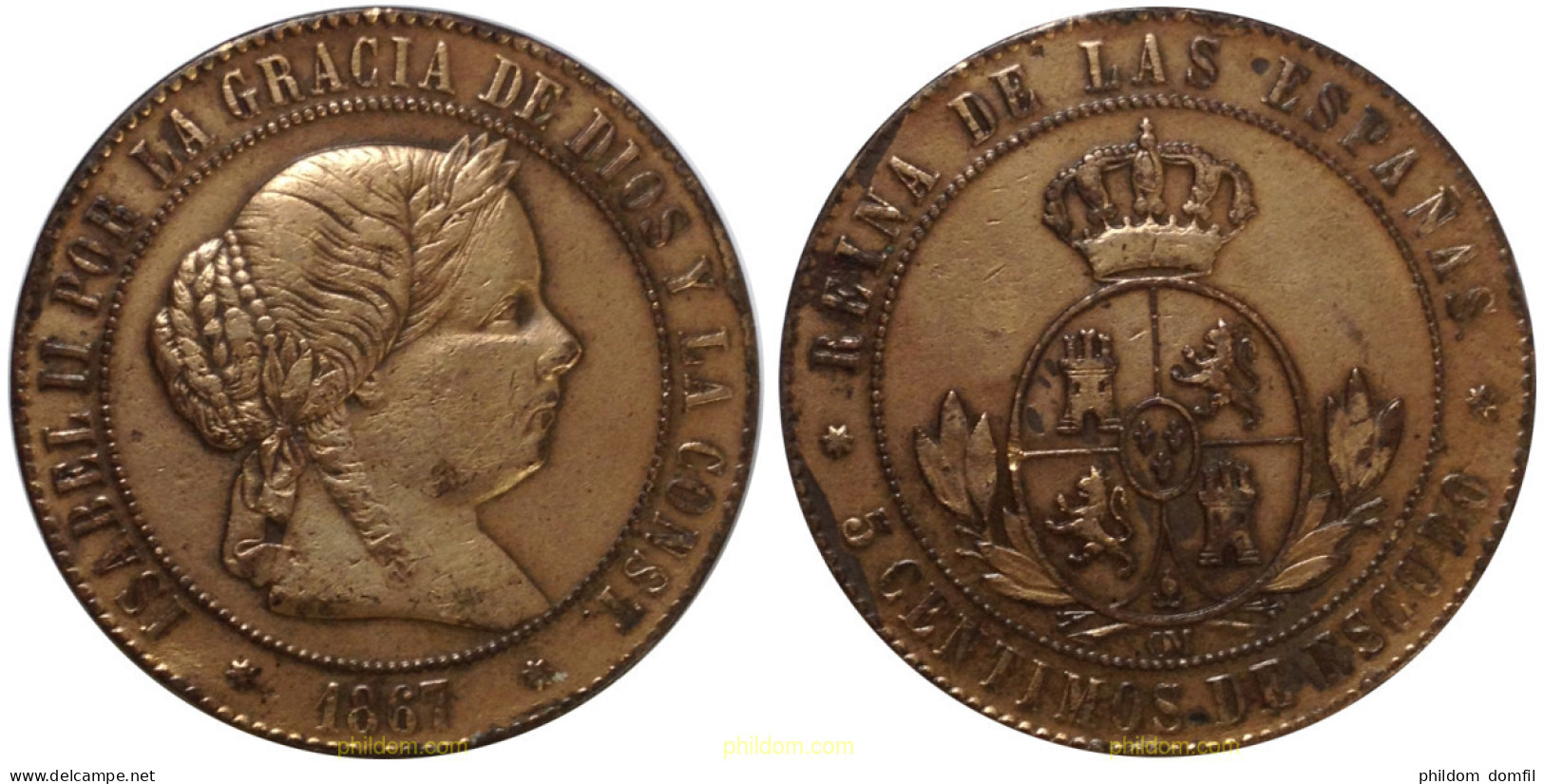 1400 ESPAÑA 1867 ISABEL II 1867 - 5 CENTIMOS DE ESCUDO SEVILLA - Collections