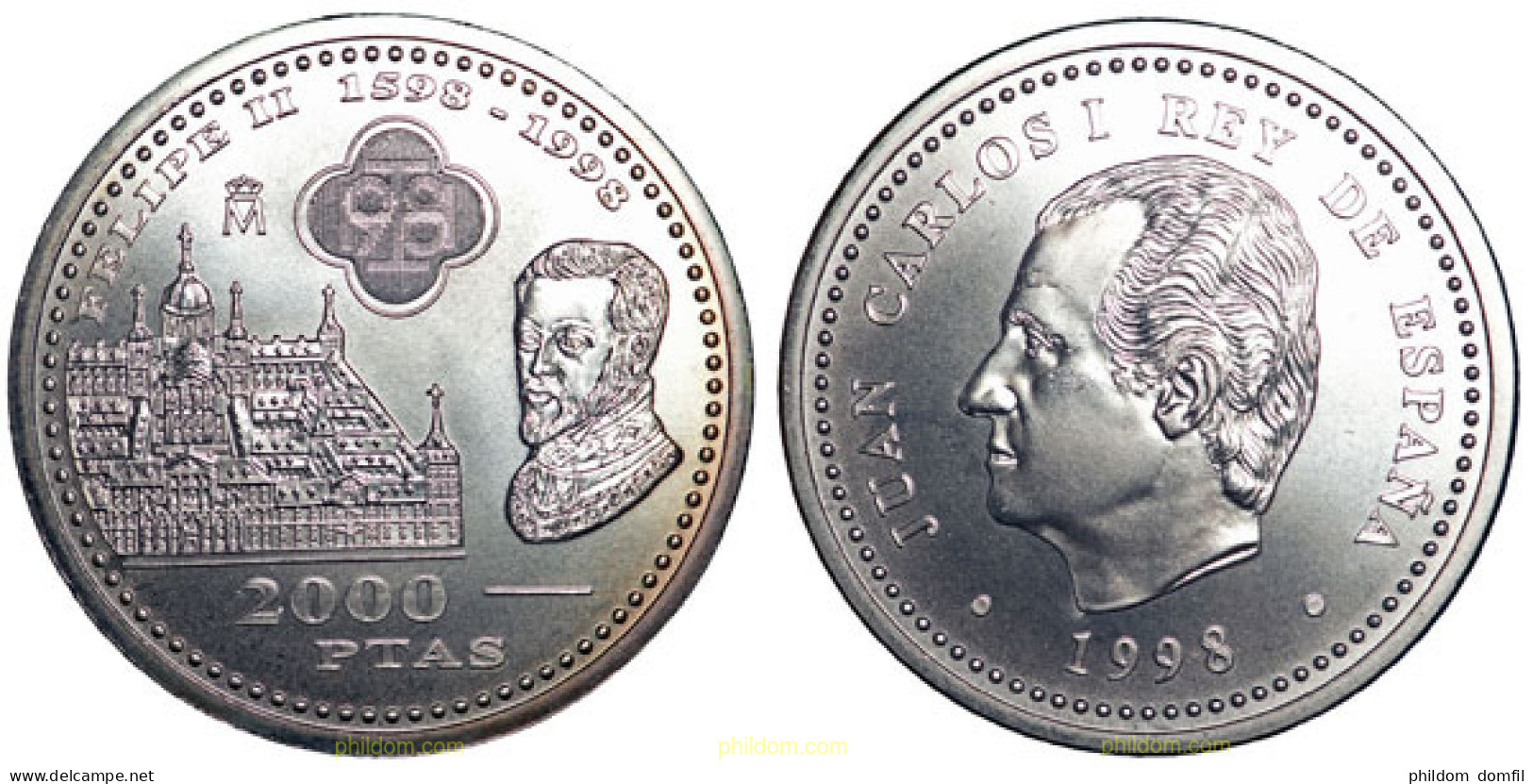 1497 ESPAÑA 1998 400 ANIVERSARIO DE LA MUERTE DE FELIPE II. EL ESCORIAL. 2000 PTS PLATA - 10 Centesimi