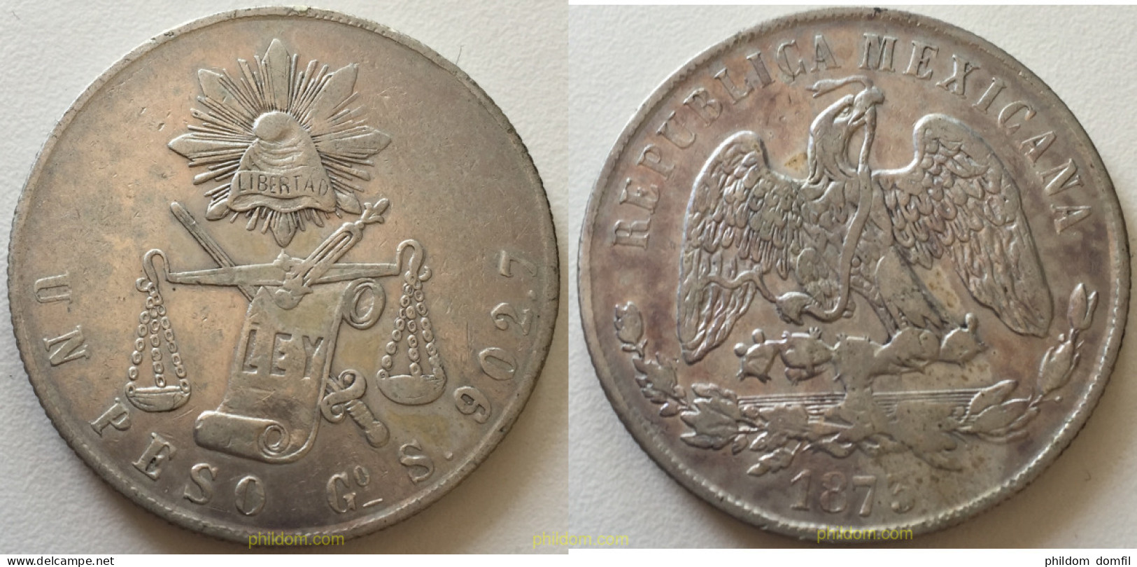 1685 MEXICO 1873 MEXICO GUANAJUATO MINT 1873-GO S 1 PESO SILVER PLATA PHILDOM - México