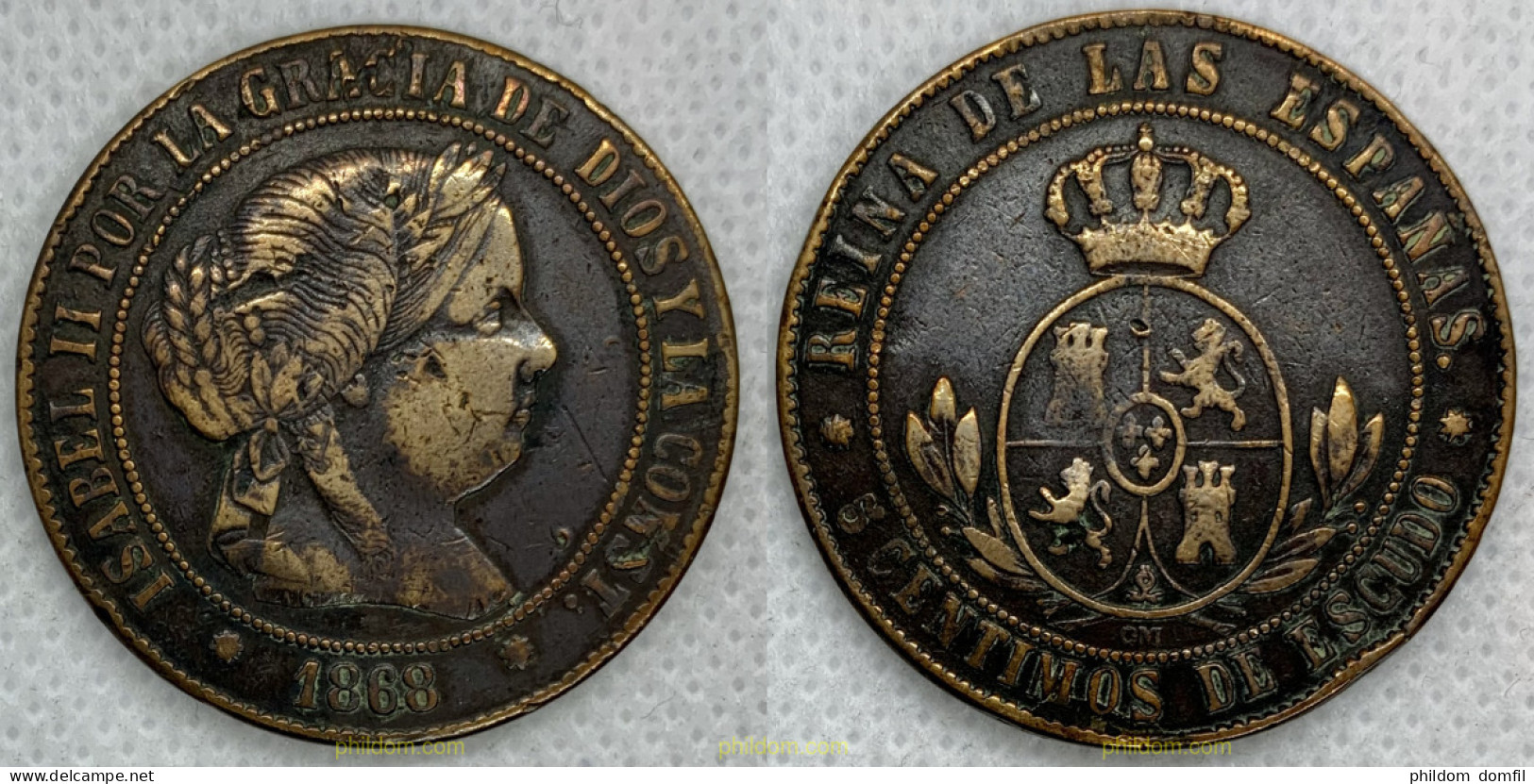 2511 ESPAÑA 1868 ISABEL II 5 CENTIMOS DE ESCUDO 1868 BARCELONA - Sammlungen