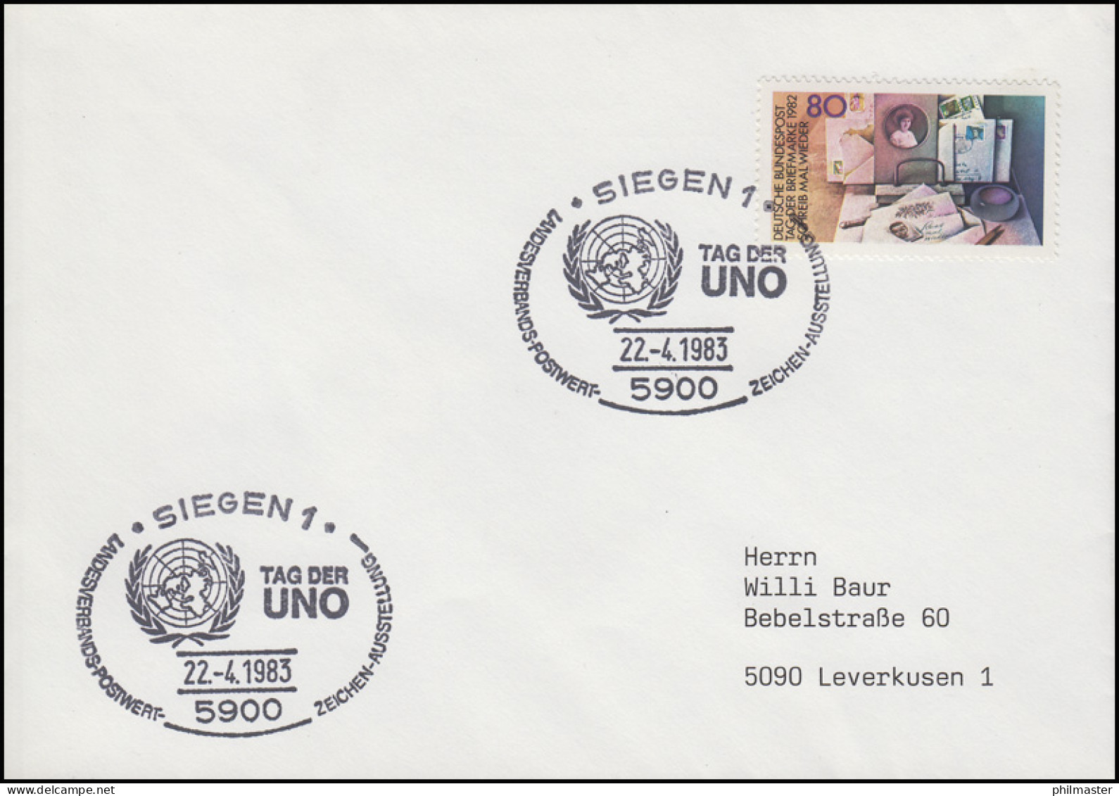 1154 Tag Der Briefmarke, EF Brief SSt Siegen Tag Der UNO & UNO-Symbol 22.4.1983 - Expositions Philatéliques