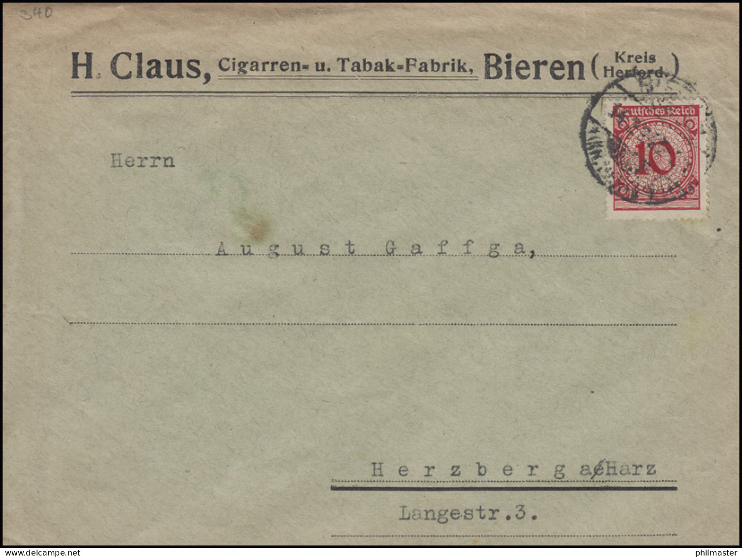 340Pa Korbdeckel-Muster 10 Pf EF Brief Zigarren - Und Tabakfabrik BIEREN 14.2.24 - Tobacco