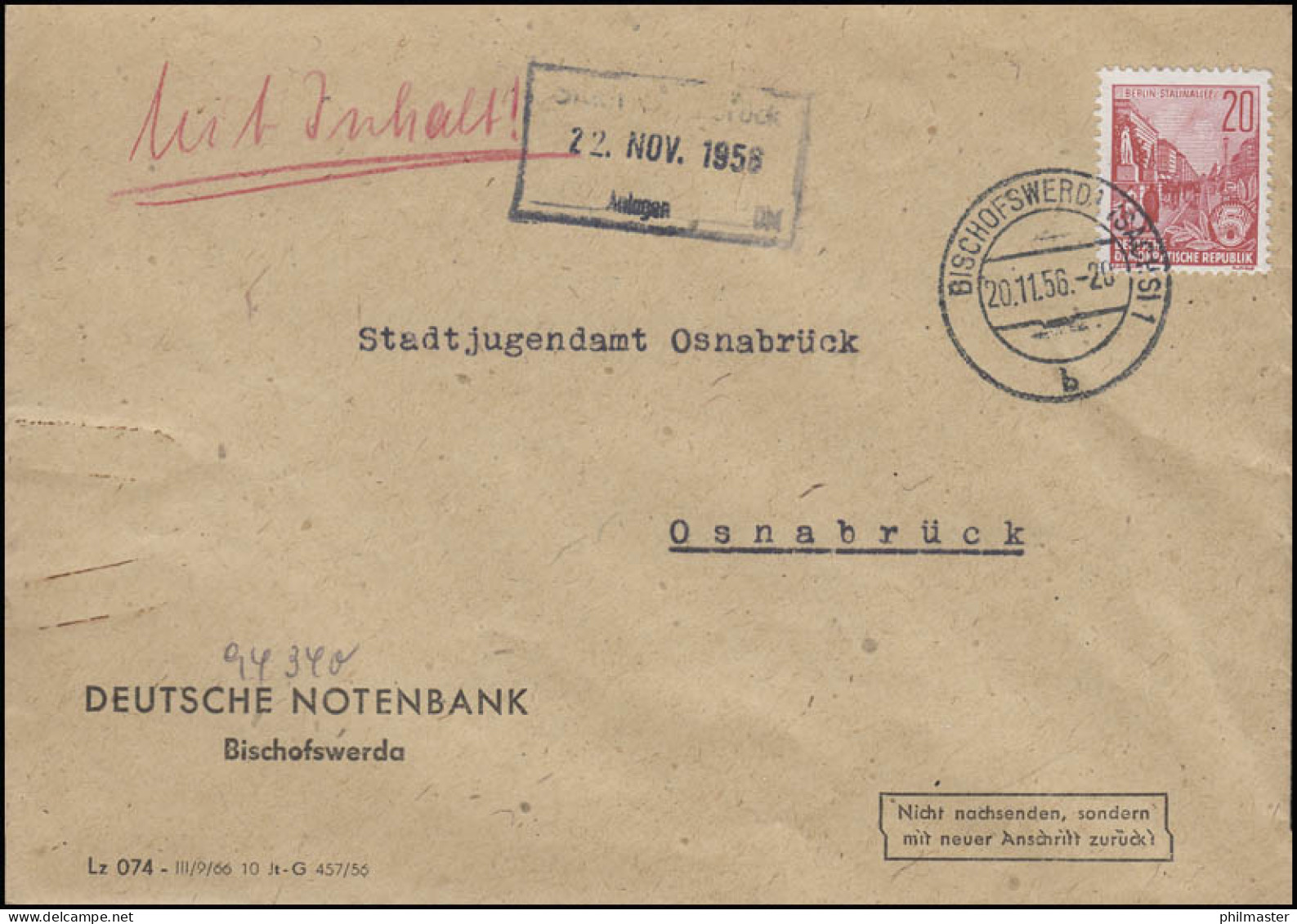 DDR-Brief Deutsche Notenbank BISCHOWFSWERDA 20.11.56 An Das Jugendamt Osnabrück - Monnaies